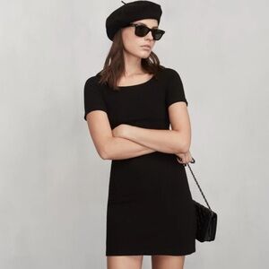 Reformation Black Ribbed Short Sleeve Boat Neck LBD Dress